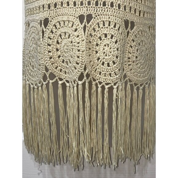 Boho Crochet Fringe Tank Top Cream Open Knit Sleeveless Beachwear Tunic Womens S - Picture 5 of 8